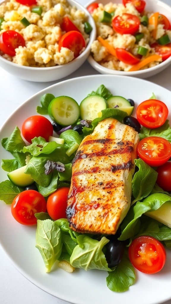 A healthy low-carb meal with grilled chicken salad and cauliflower rice stir-fry.